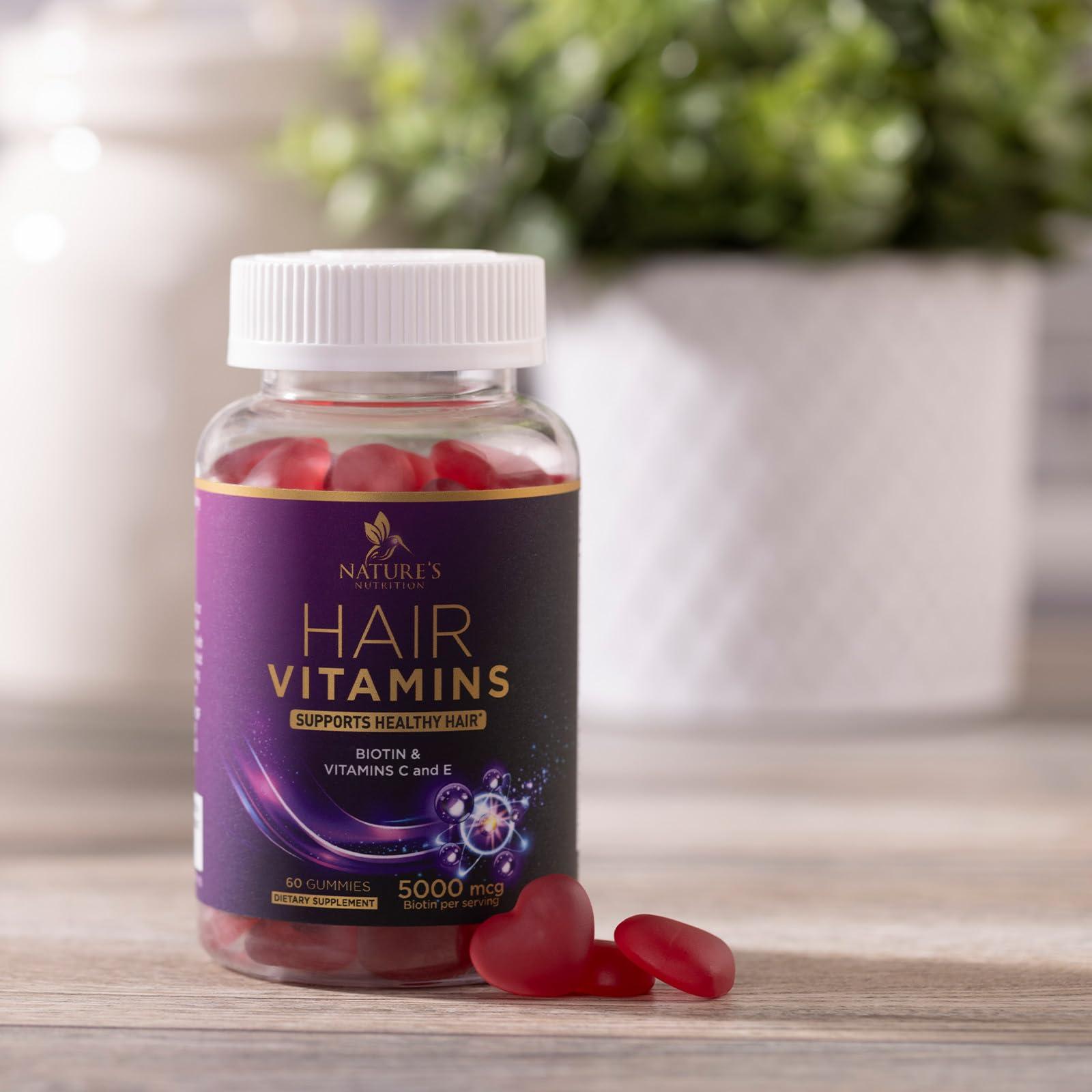 Nature's Nutrition Hair Growth Supplement Gummy for Stronger, Radiant Hair, Skin & Nails - Hair Vitamins with Biotin 5000 mcg and Vitamin E & C, Nature\'s Extra Strength Hair Vitamins for Women & Men - 60 Gummies