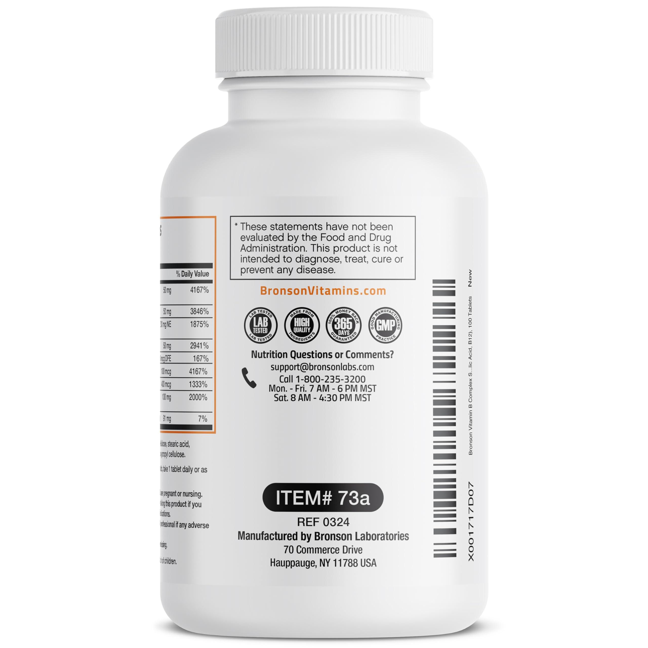 Bronson Bronson Super B Vitamin B Complex Sustained Slow Release (Vitamin B1, B2, B3, B6, B9 - Folic Acid, B12) Contains All B Vitamins 100 Tablets