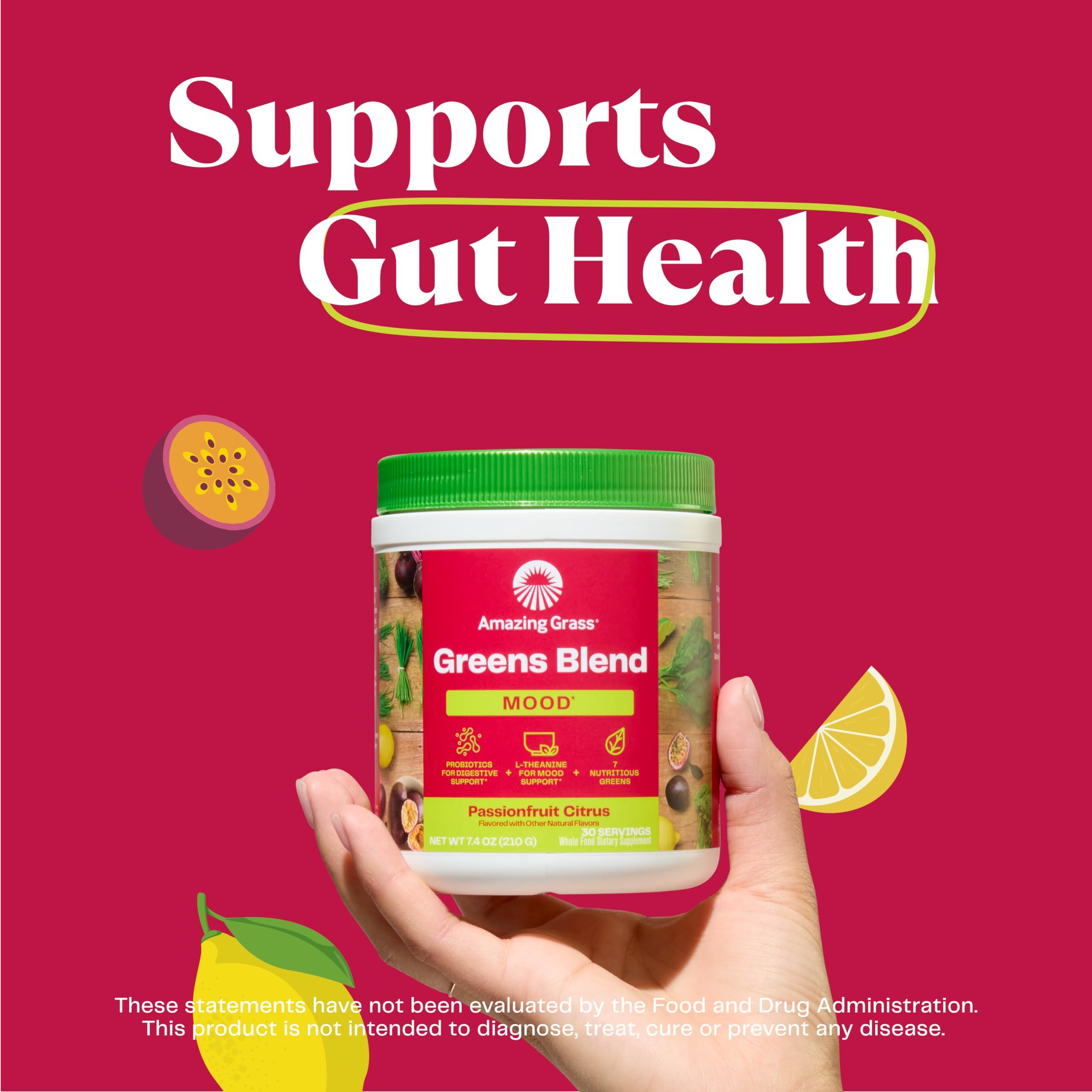 Amazing Grass Amazing Grass Greens Blend Mood: Super Greens Powder Smoothie Mix for Mood, Relaxation & Stress Support with Organic Spirulina, Chlorella, Beet Root Powder, Digestive Enzymes & Probiotics, 30 Servings
