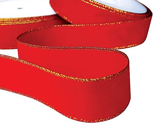 OLYPHAN Red Velvet Ribbon Velvet Christmas Ribbon Red Wired 50 Yards/2.5 (2 1/2) Inch Wide w. Gold Trim Wire-Edge: Valentine, Xmas Gift Wrap, Christmas Tree Bows / Outdoor/ Wire Ribbons for Crafts/Gifts