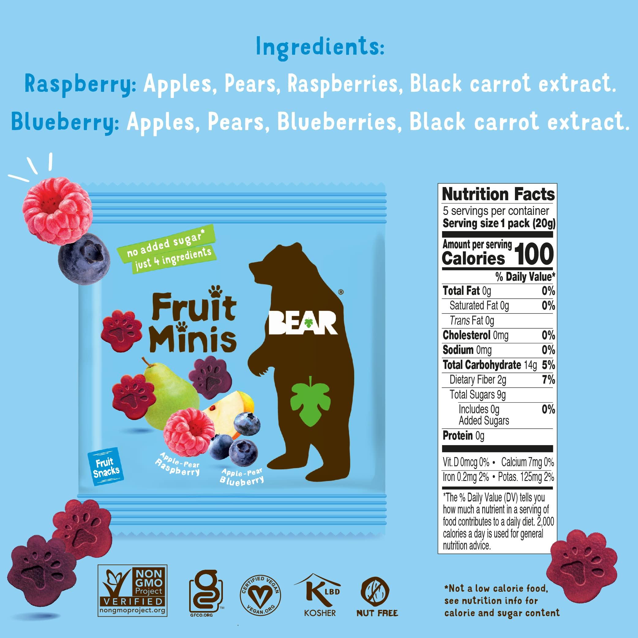 BEAR BEAR Real Fruit Snack Minis, Raspberry/Blueberry, No added Sugar, All Natural, Bite Sized Snacks for Kids, Non GMO, Gluten Free, Vegan, 0.7 Oz (Pack of 18)