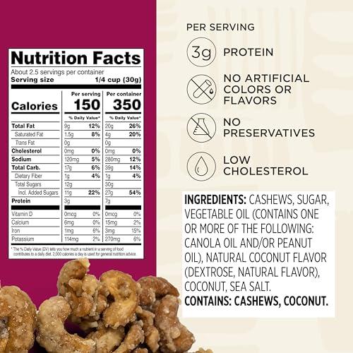 Snak Club Snak Club Coconutty Cashews, Kettle Cooked Fancy Cashews with Toasted Coconut, Gluten-Free and Kosher Snack, 2.5 oz Snack Bags, 6 Pack