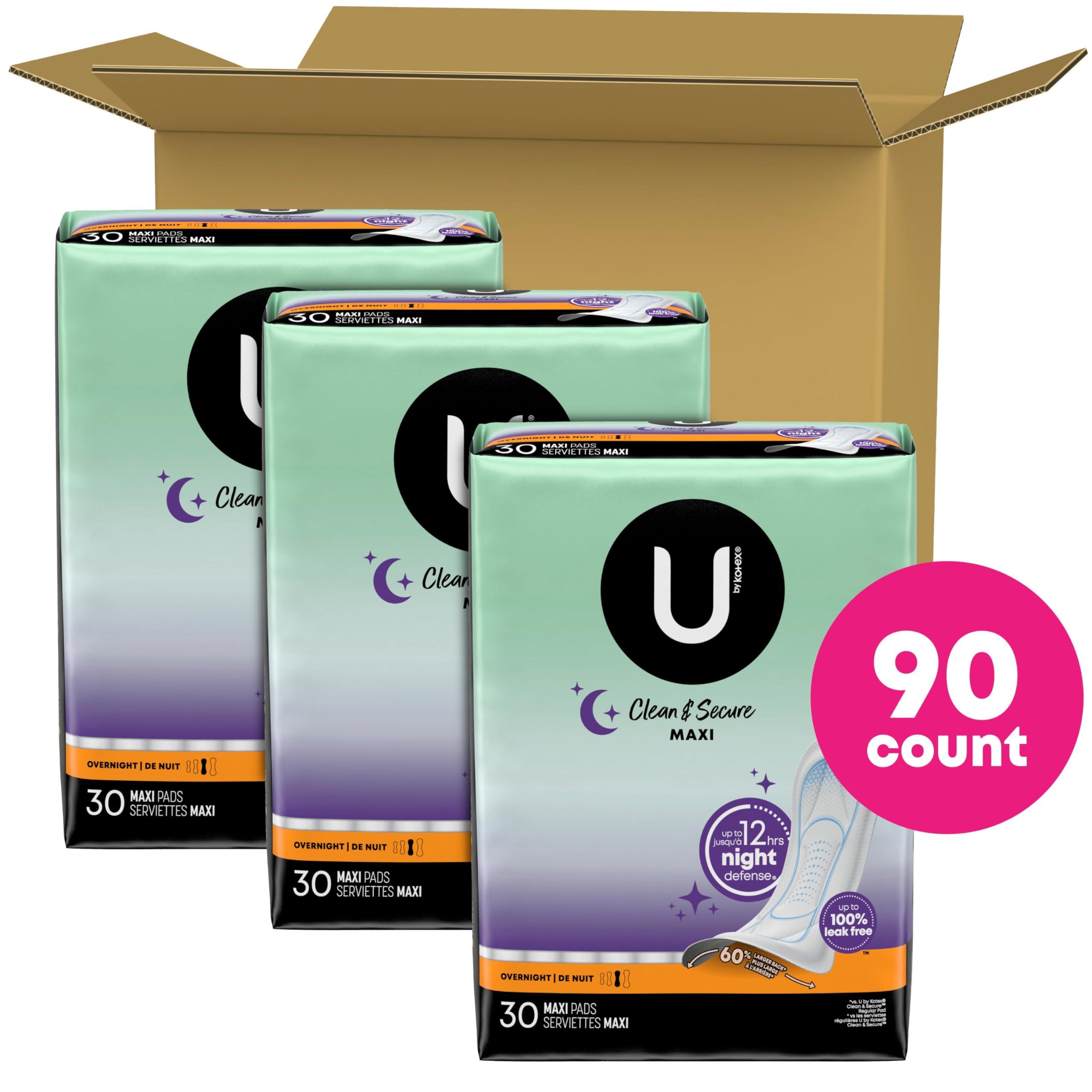 U by Kotex U by Kotex Clean & Secure Overnight Maxi Pads, 90 Count (3 Packs of 30) (Packaging May Vary)