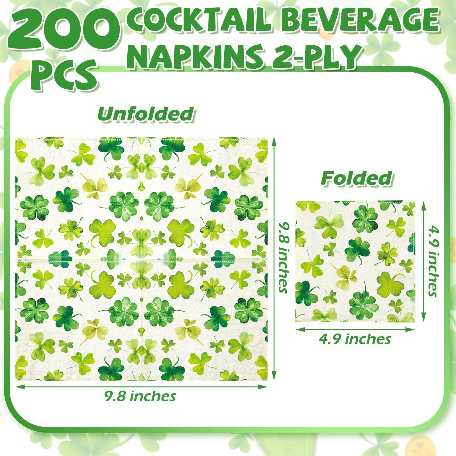 Teling 200 Pcs St. Patrick\'s Day Shamrock Napkins Green Cocktail Napkins Shamrock Beverage Paper Napkin Disposable Dinner Napkins Cocktail Napkin for Irish Kitchen Restaurant Parties Dinners (Delicate)
