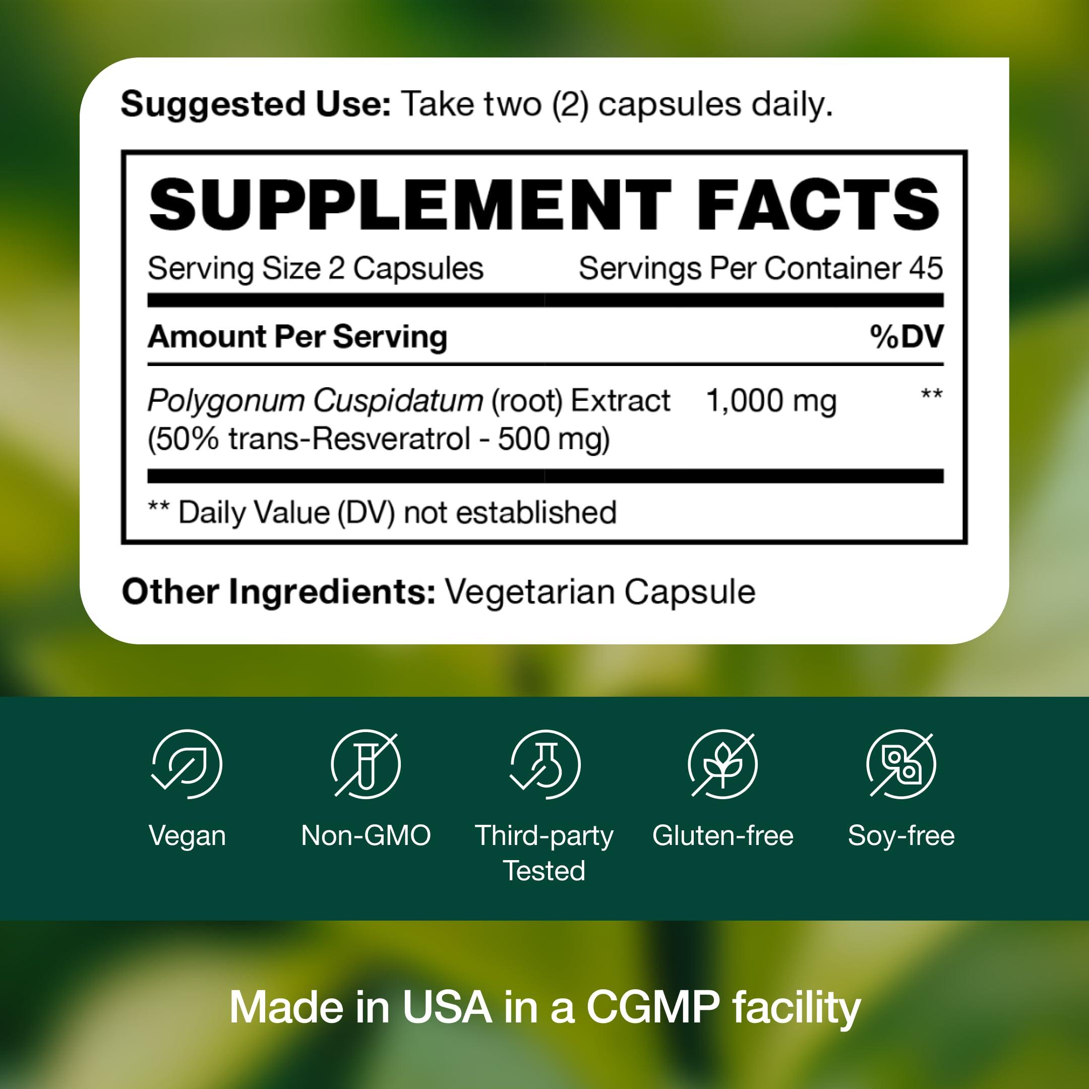 Fresh Nutrition Resveratrol Supplement - Trans-resveratrol Extra Strength 750mg - Natural, Pure and Potent Polyphenols Supplement - Vegan, Non GMO, Gluten-free - 90 Capsules