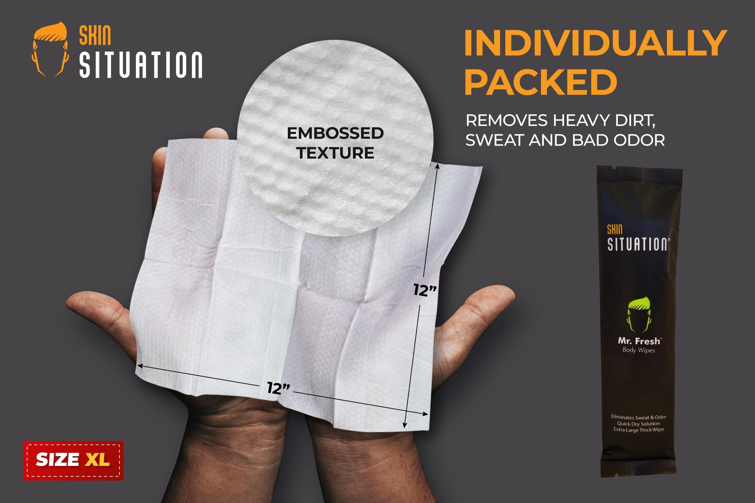 Skin Situation Mr. Fresh Body Wipe - Extra Large, Deodorizing, Unscented, Individual Wrapped Shower Wipe, Wet Wipe, pH Balanced, Hypoallergenic, Infused with Aloe and Vitamin E. Ideal for Camping, and Traveling
