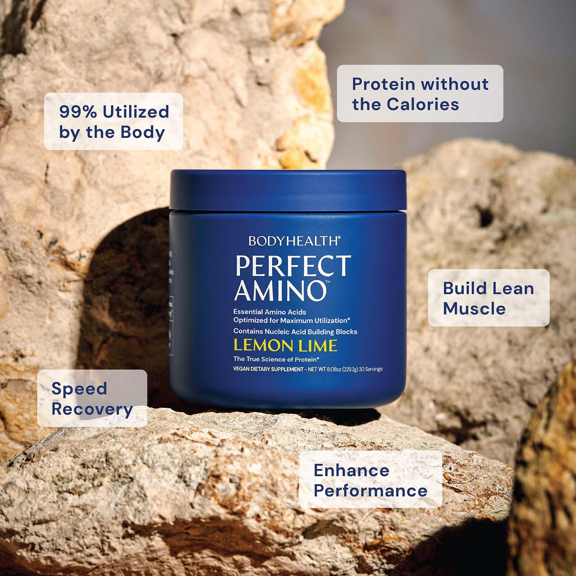 BodyHealth BodyHealth PerfectAmino Powder - BCAA and EAA Powder for Pre and Post Workout - Amino Acid Energy Drink Powder for Men and Women to Support Lean Muscle and Recovery - Lemon Lime - 30 Servings