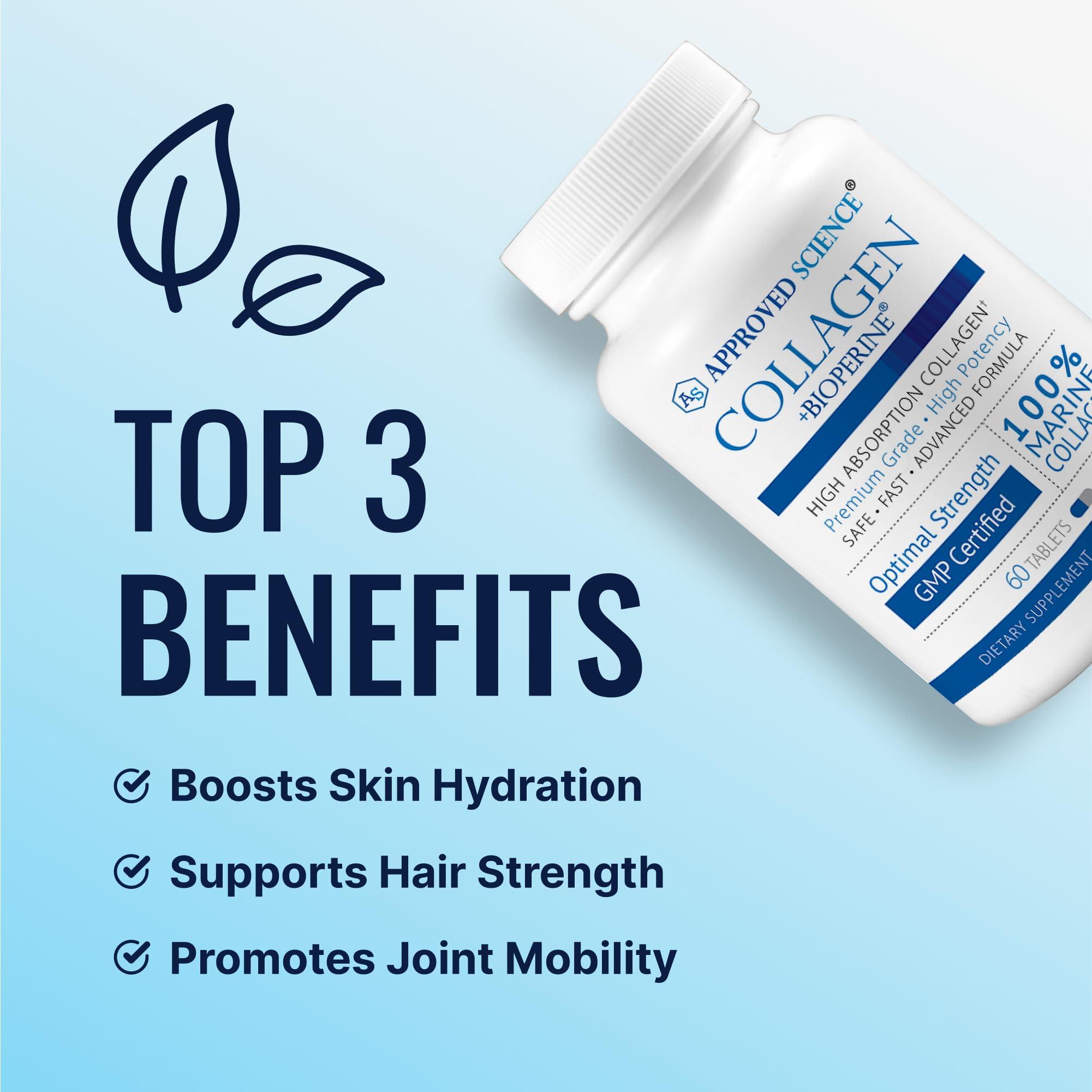 Approved Science Approved Science Collagen Pills - Absorbable Marine Collagen Types I and III - 360 Tablets - Healthy Hair, Skin, and Joints - Vitamin C, Sodium, and Bioperine for Fast Results - Non-GMO, Made in USA