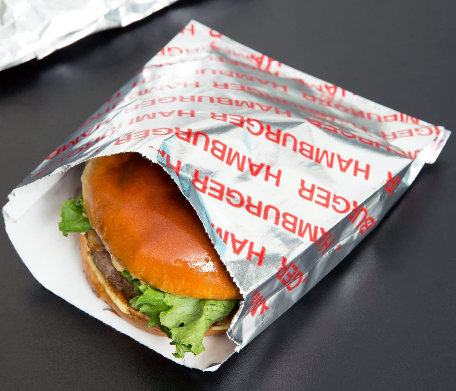 Oasis Supply Large Foil Hamburger/Sandwich Bags - Grease Resistant, Keeps them Hot -Words in Red say - "Hamburger" 100 Count