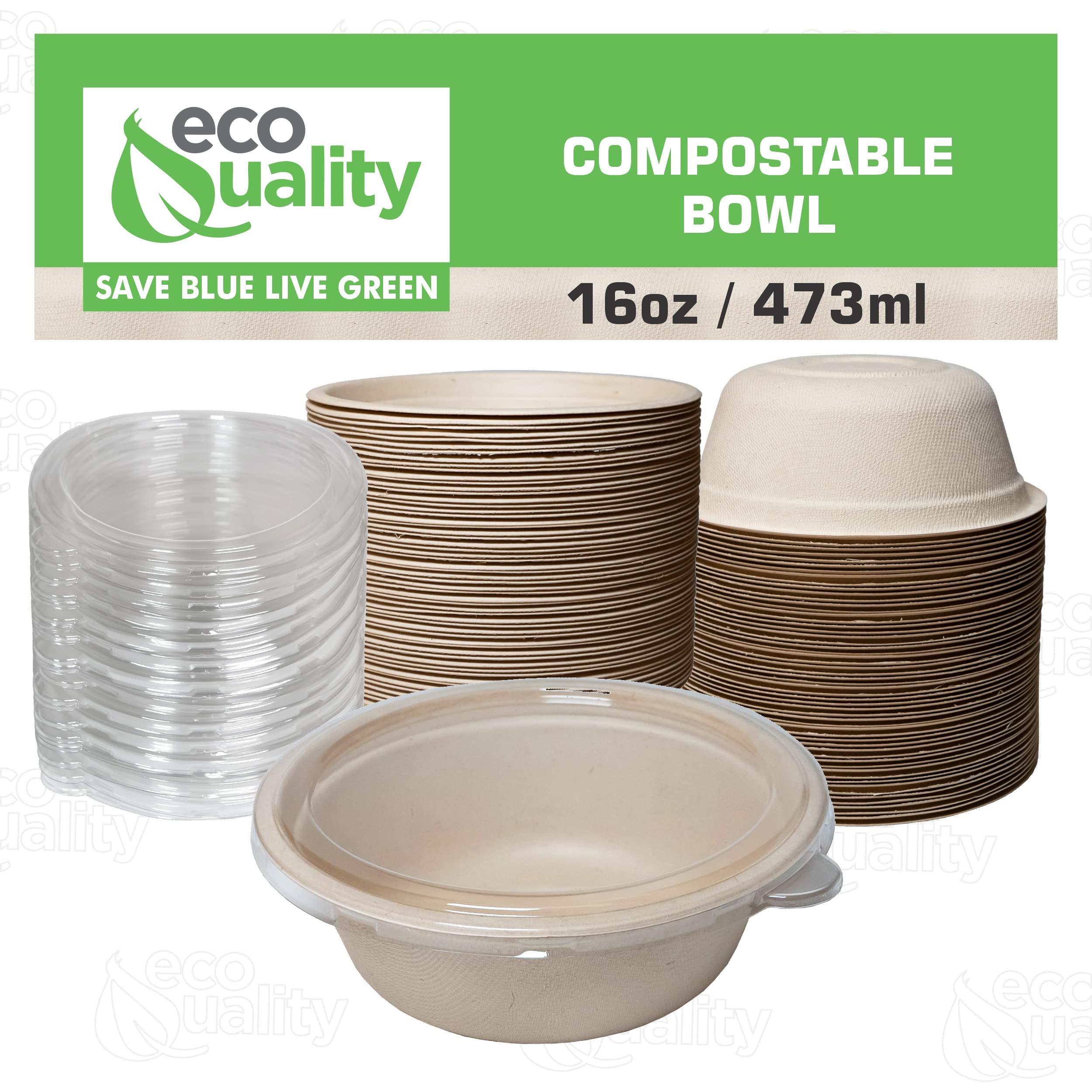 EcoQuality [400 Pack] 16 oz Compostable Paper Bowls with Lids Heavy-Duty Disposable Bowls, Eco-Friendly Natural Bagasse Unbleached, Hot or Cold Use, 100% Biodegradable Soup Bowls Sugarcane