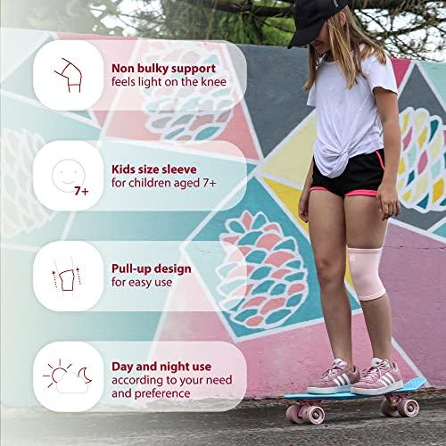KARM KARM Kids Knee Brace Sleeve - Youth Knee Compression Sleeve for Kids, Child - Support for Pain, Sports, Football, Basketball, Gymnastics, Recovery, Boys & Girls (Light Pink)