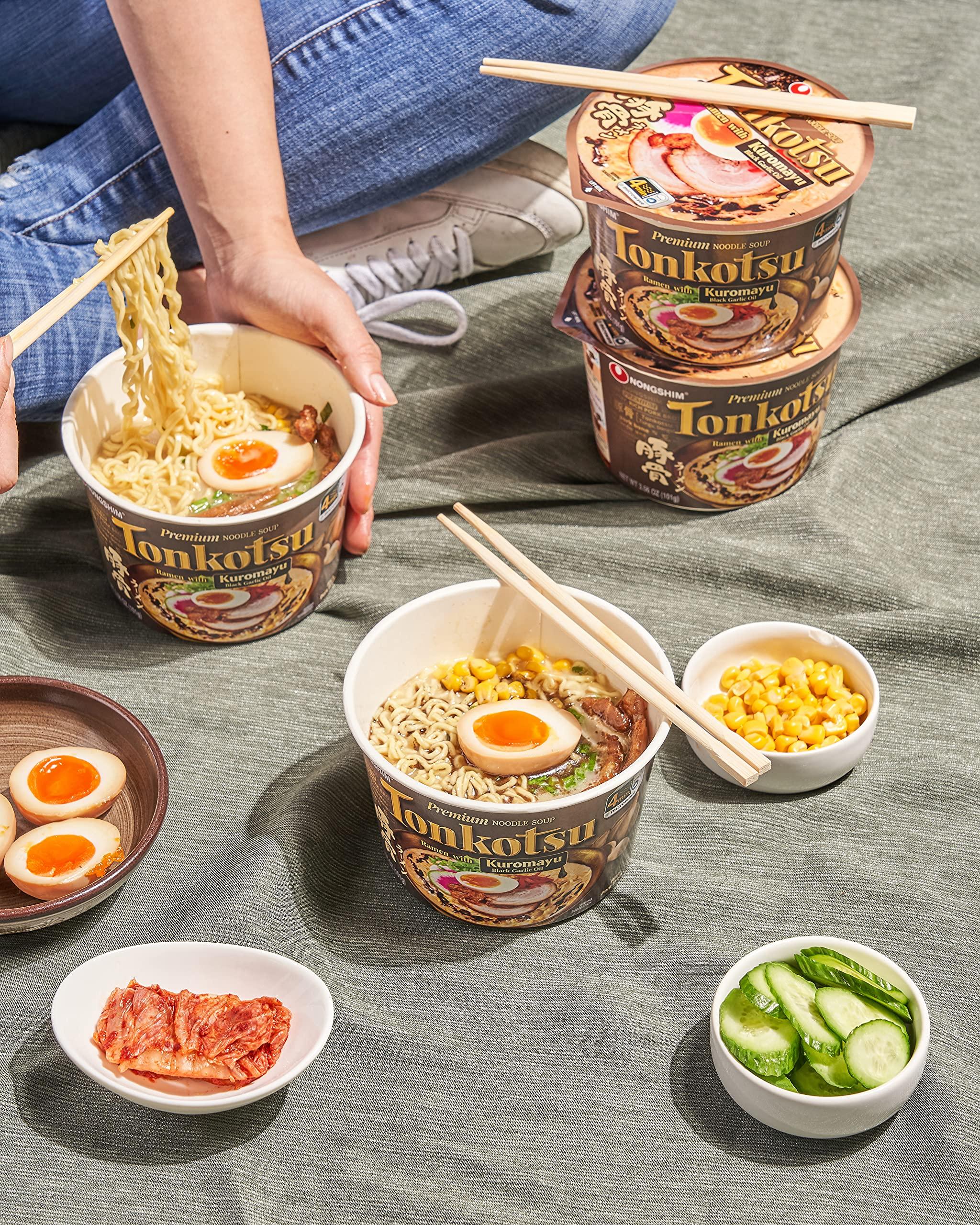 Nongshim Nongshim Tonkotsu Kuromayu Ramen with Kuromayu Black Garlic Oil, 6 Paper Bowls, Rich Pork Broth, Premium Ramen Noodles Soup Mix (Pack of 2)