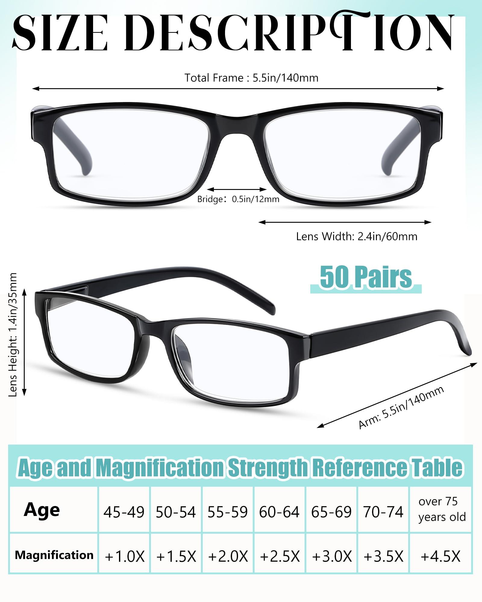 Yexiya Yexiya 50 Pack Reading Glasses Bulk Black Frame Eyeglasses with Spring Hinge Traditional Adjustable Glasses for Men Women (3.0 Diopters)