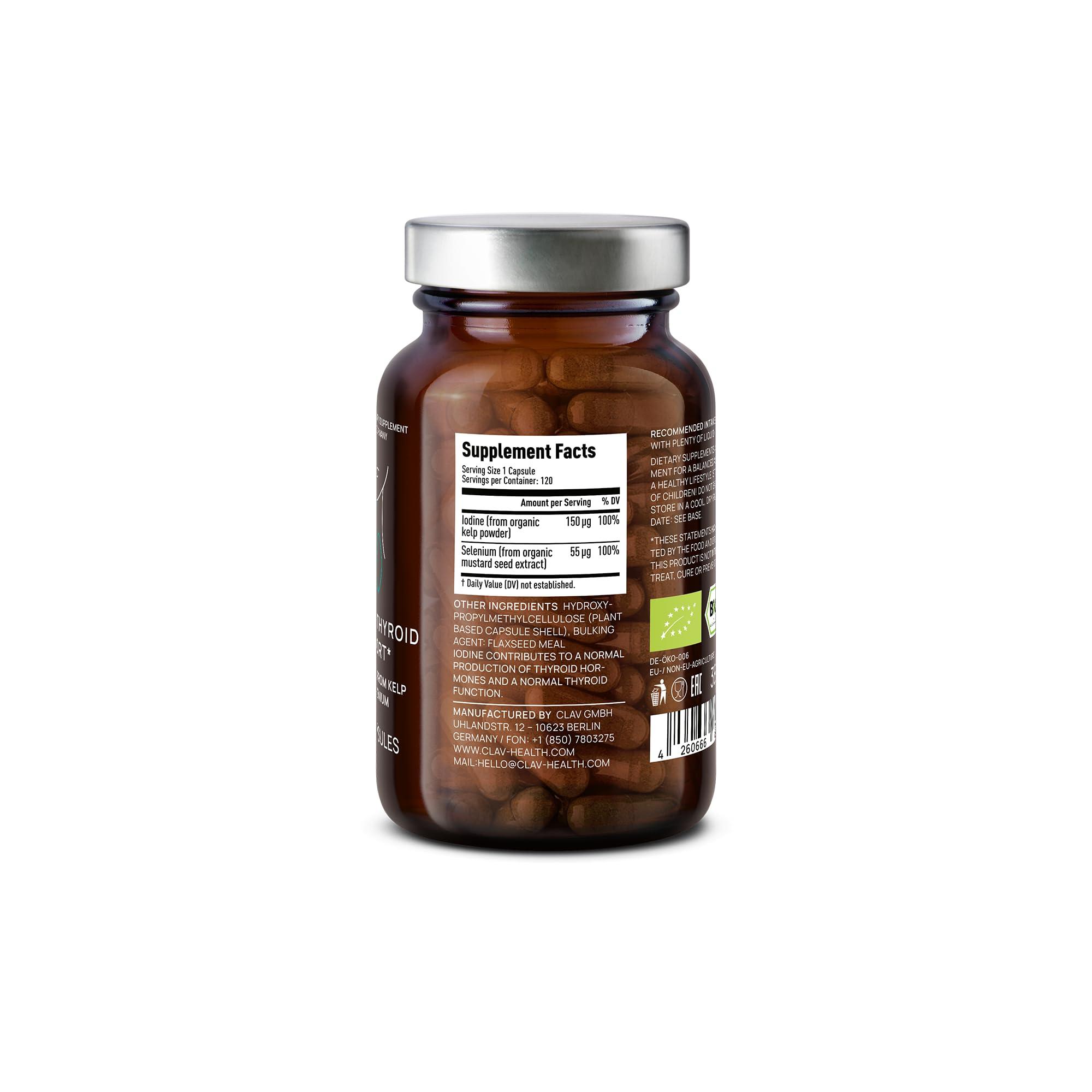 CLAV Organic Thyroid Support Supplement with Iodine from Sea Kelp Organic and Selenium from Mustard Seed Extract - 120 Capsules - Natural Thyroid Supplement for Men & Women - Vegan and Gluten Free