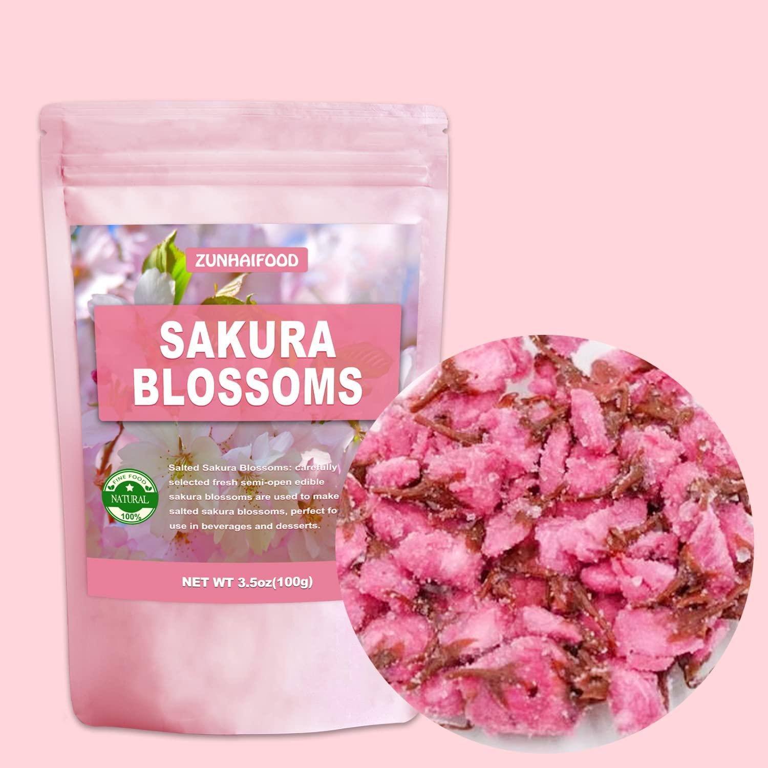 Zunhai Food Edible Salted Sakura Blossoms, Premium Pickled Sakura Cherry Blossoms, 3.5oz(100g)