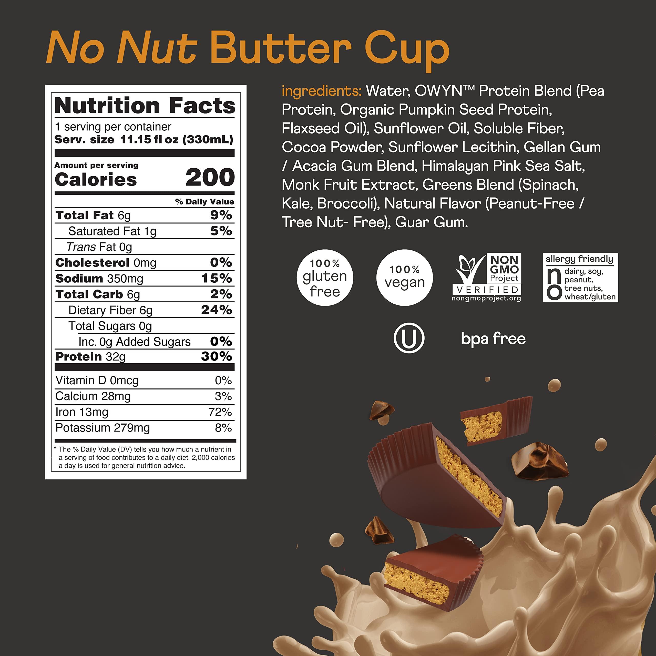 OWYN Only What You Need OWYN Pro Elite Vegan Plant-Based High Protein Shake, No Nut Butter Cup, 32g Plant Protein, Superfoods Greens for Workout and Recovery, 0g Net Carbs, Zero Sugar, Keto (12 Pack)