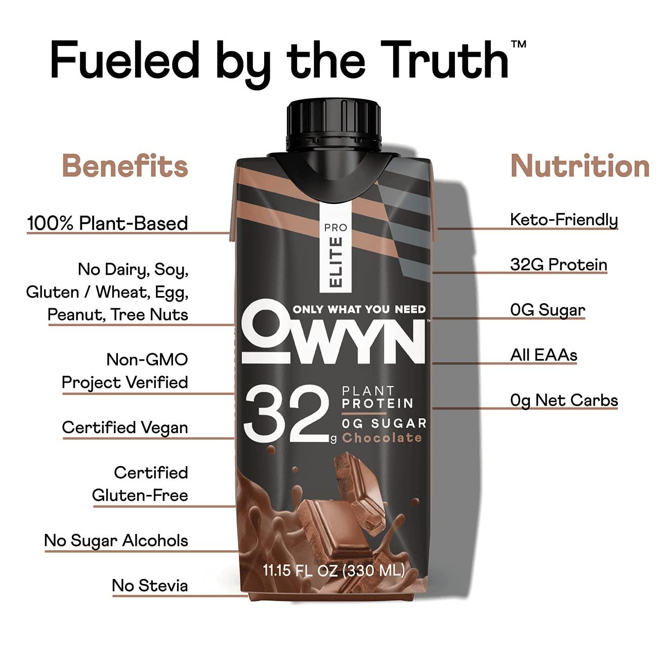OWYN Only What You Need OWYN Pro Elite Vegan High Protein Shake, Chocolate, 32g Plant-Based Protein, 9 Amino Acids, Omega-3, Prebiotics, Superfoods Greens for Workout and Recovery, 0g Net Carbs, Zero Sugar, Keto (24 Pack)