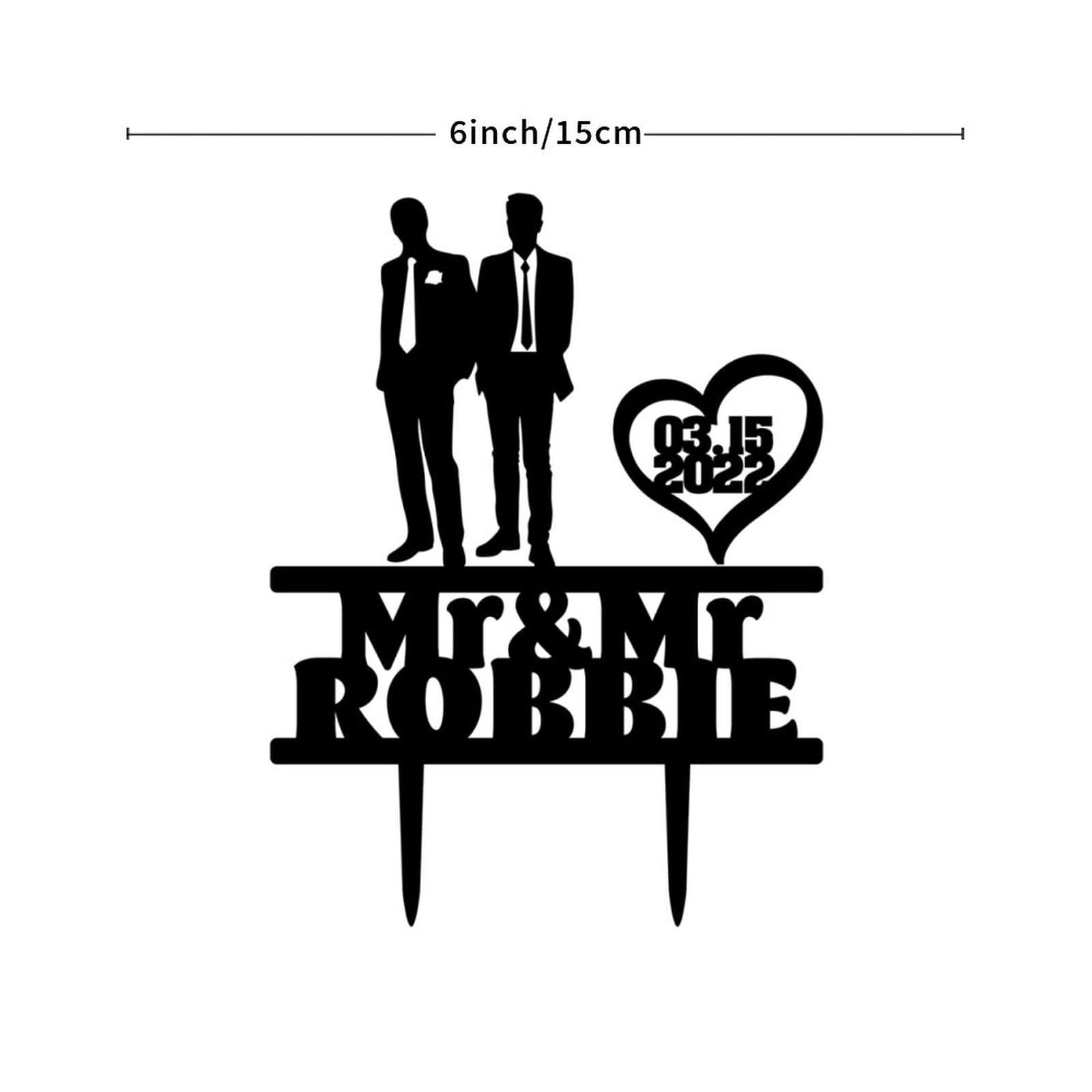 BYRON HOYLE Gay Cake Toppers Grooms Wedding Silhouette Same Sex Mr & Mr Rustic Wedding Cake Toppers with Heart Personalized LGBTQ Gay Rustic Cake Topper His And His Wedding Cake Decor LGBT Black Acrylic Topper