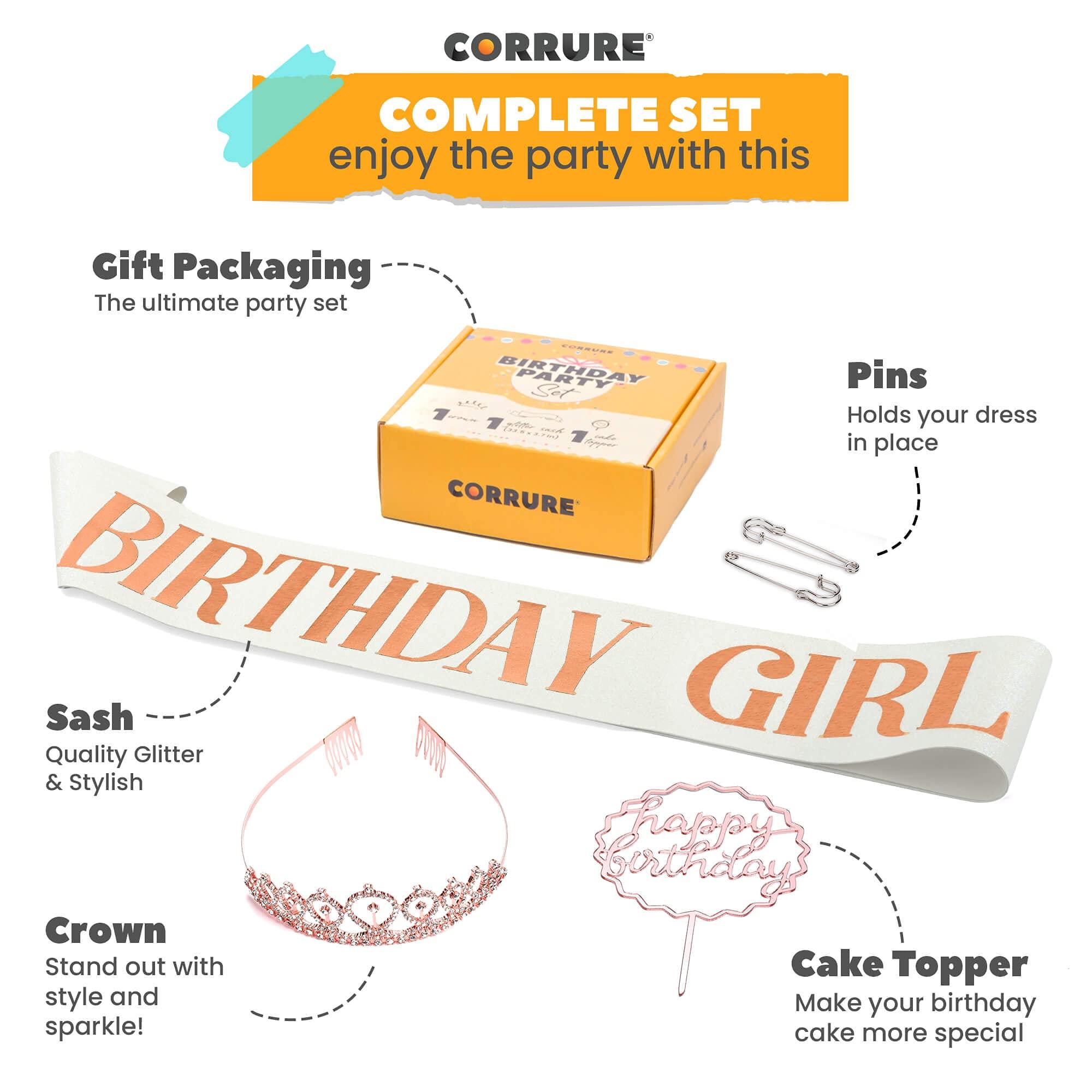 CORRURE CORRURE 'Birthday Girl' Sash, Rhinestone Tiara, and Cake Topper Set - Happy Birthday White Glitter Sash and Crown for Women's Sweet 16, 18th 21st 25th 30th 40th 50th or Any Other Bday Party