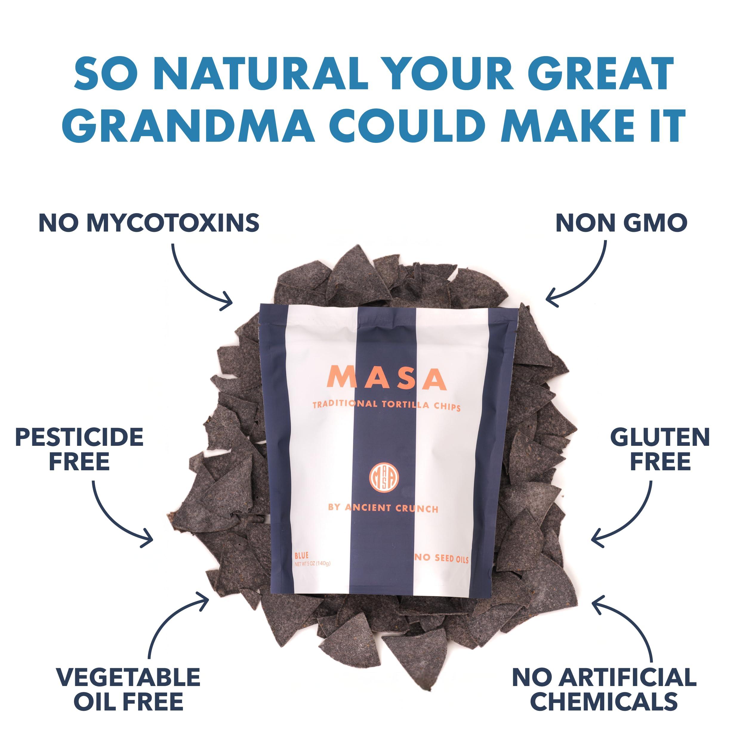 Ancient Crunch MASA Chips Blue Corn Tortilla Chips - Naturally Grown Blue Corn with Grass Fed Tallow and Sea Salt Tortilla Chips - No Seed-Oil Snacks - 6 Pack, 5 Ounce Each