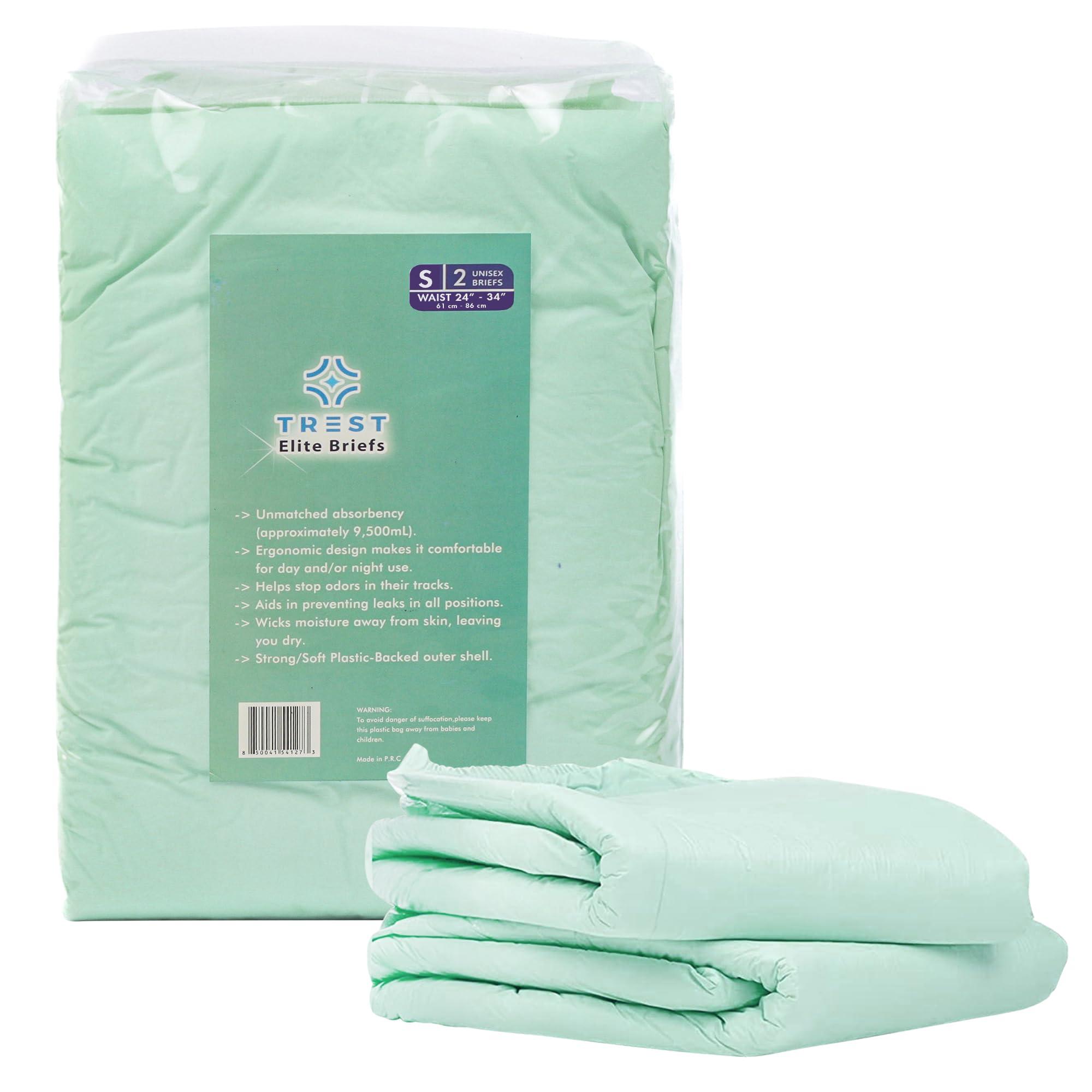 Trest TREST Elite Briefs for Men and Women, Overnight Diapers for Incontinence, Elite Absorbency, Comfortable, Odor Neutralizing and Secure Fit with 2 Wide Tabs - Green, Small (Pack of 2)