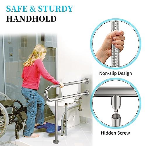 Munzong Toilet Support Rail 31.3X 31.5 Inch, Munzong Anti-Slip Satin Brushed Nickel Handicap Grab Bar for Bathroom, Stainless Steel Knurled Safety handrails with Leg for Elderly Disabled Pregnant-1.25Tube