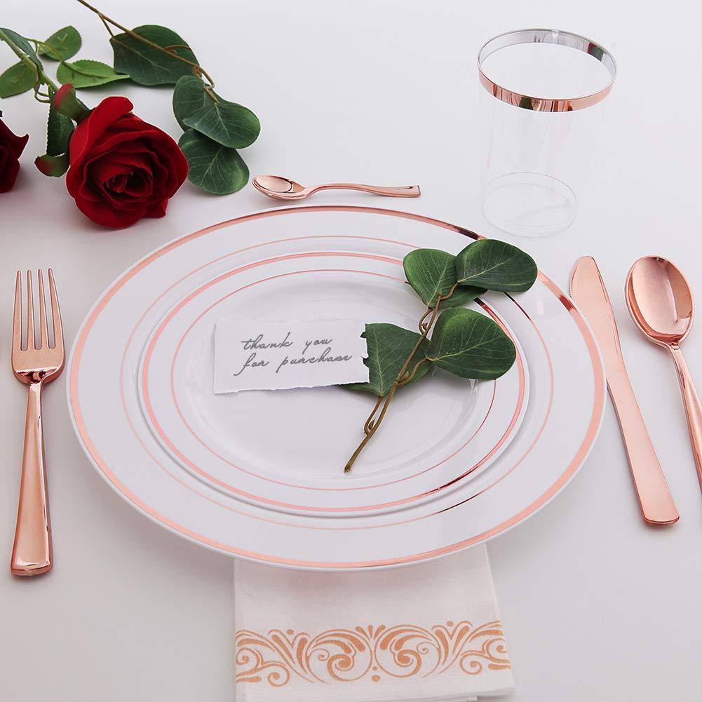 WDF WDF 60pcs Rose Gold Plastic Plates-Baroque White &Rose Gold Disposable Plates Rose Gold Plastic Silverware- Disposable Flatware Set