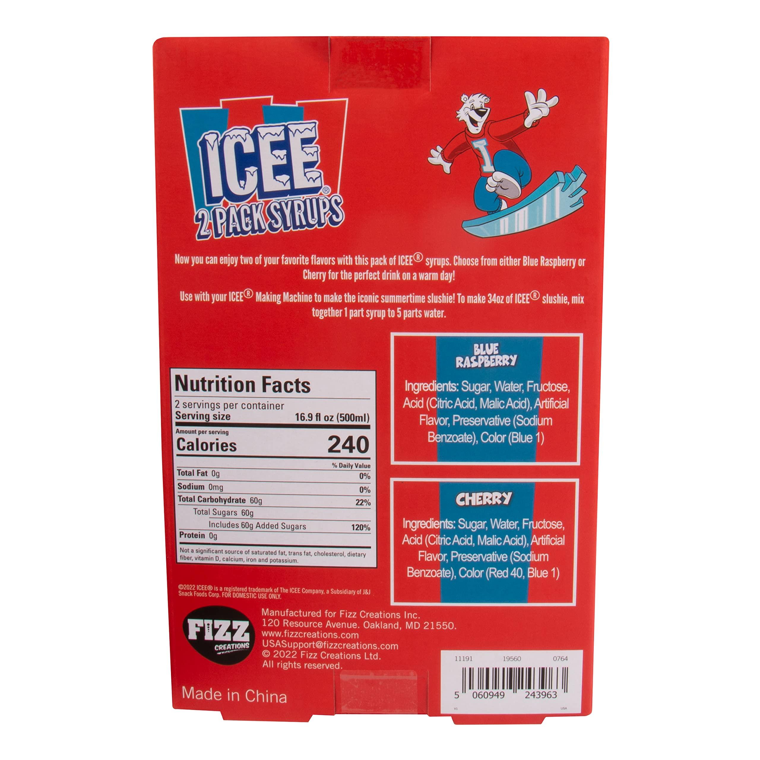 Fizz Creations ICEE 2 Pack Slushie Syrups. Genuine ICEE Slushy syrups including Blue Raspberry and Red Cherry Flavors. 2 16.9 Fl oz Bottles. Officially Licensed ICEE Merchandise from Fizz Creations.