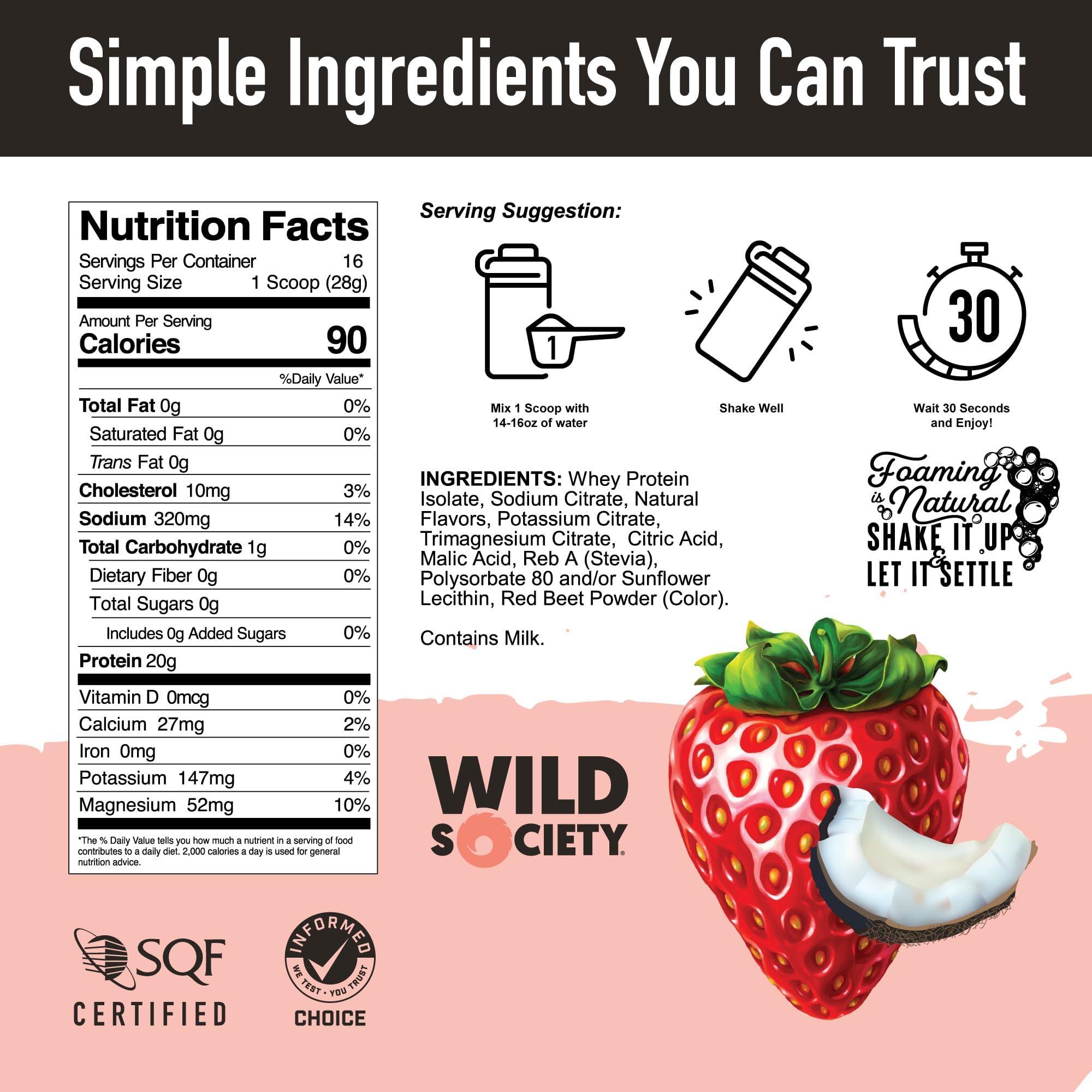 WILD SOCIETY WILD SOCIETY - Premium Clear Whey Protein + Electrolytes - Refreshing Whey Protein Isolate Powder - 20g Protein, 0 Added Sugar, GMO-Free, Natural Flavors & Colors - Strawberry Coconut, 16 oz