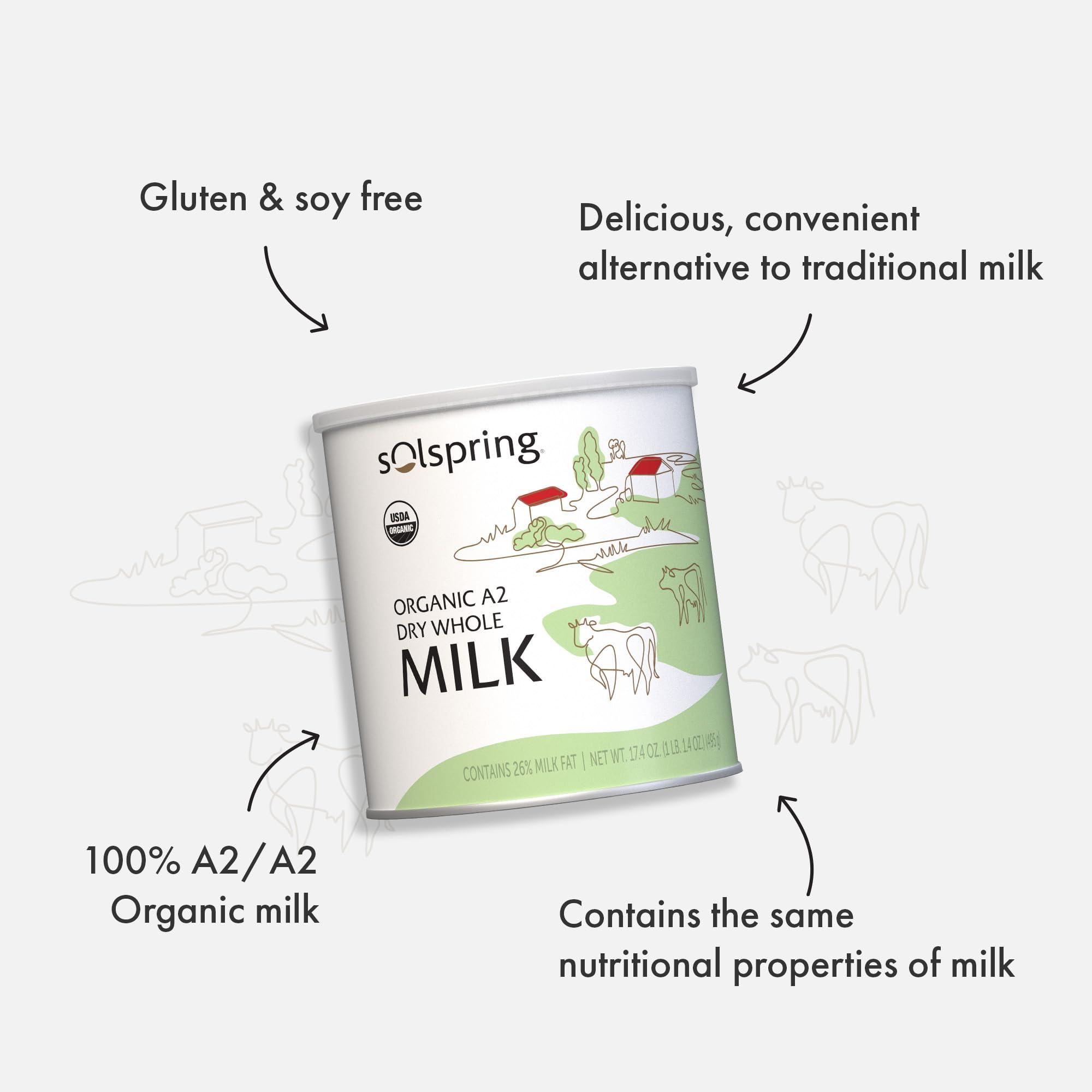 Dr. Mercola Solspring Organic A2 Dry Whole Milk, 15 Servings, 17.4 Oz. (495 g), Contains 26% Milk Fat, Gluten Free, Soy Free, Certified USDA Organic, Dr. Mercola