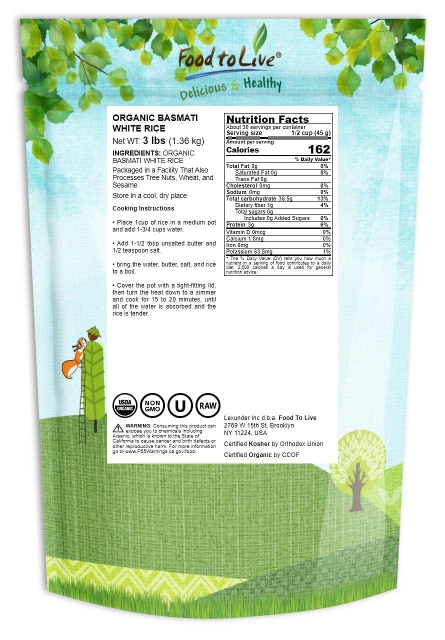 Food to Live Food to Live Organic White Basmati Rice, 3 Pounds Non-GMO, Long-Grain Rice Variety, Fragrant, Kosher, Vegan, Bulk. Non-Irradiated. Less Starch. High in Dietary Fiber. Great for Indian Dishes.