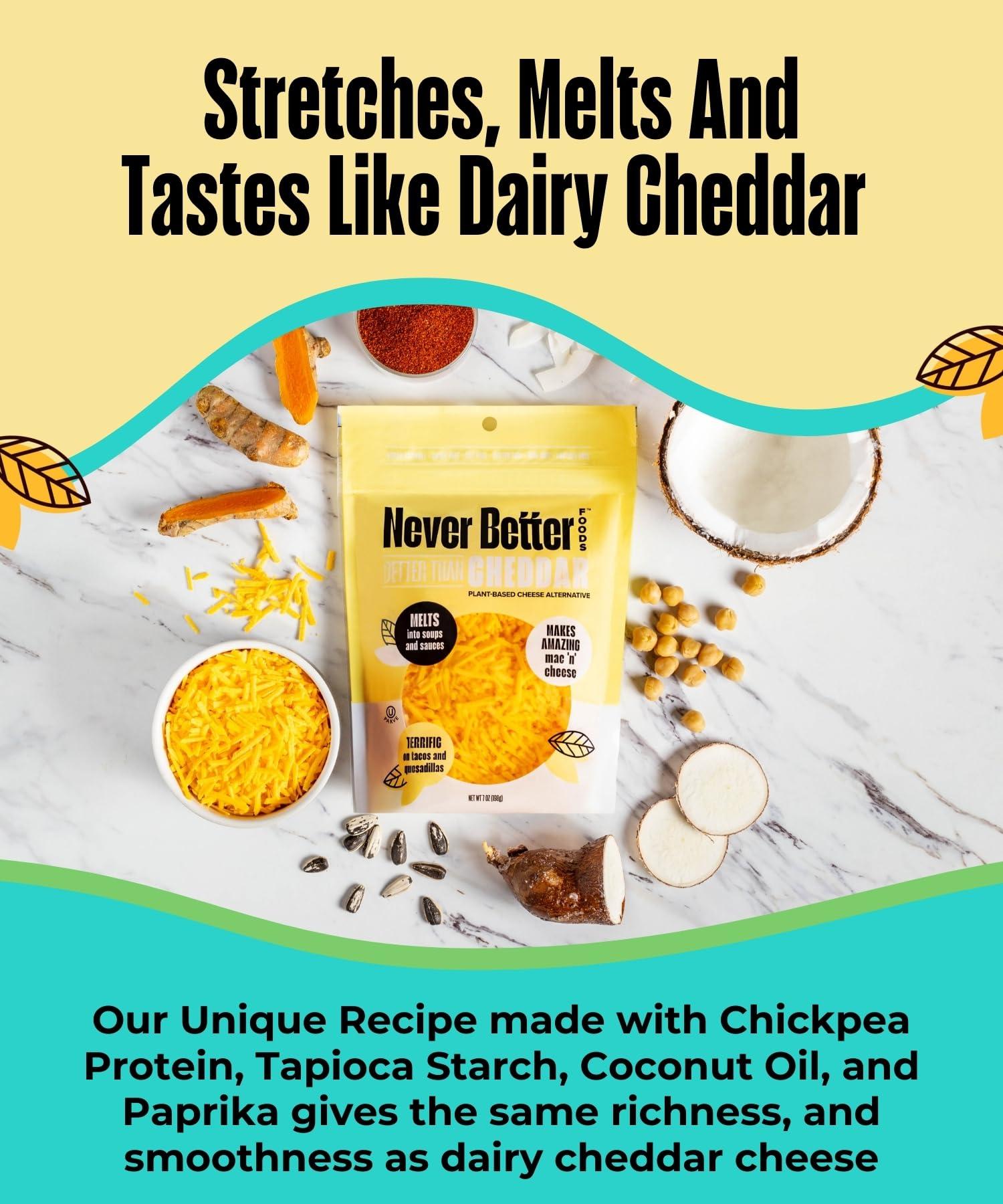 NEVER BETTER FOODS Vegan Cheese, Dairy Free Cheese, Plant Based Cheese with No Allergens, Healthy Vegan Cheddar Cheese, 2.5 LB Bag of Shredded Cheddar Cheese, Smooth and Non Oily Lactose Free Cheese