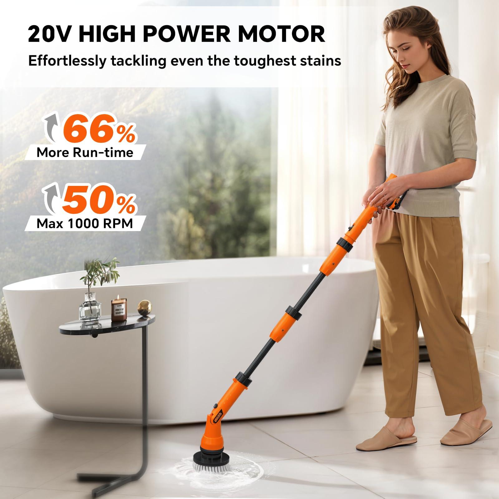 Alloyman 1000RPM Electric Spin Scrubber, 20V Cordless Cleaning Brush with Adjustable Extension Arm, 4 Replaceable Cleaning Heads, Hook and Gloves, 1 Hour Fast Charge, Waterproof - for Bathroom/Tub/Tile/Floor