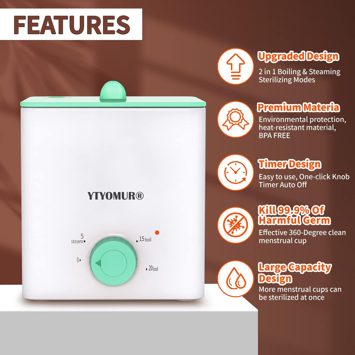 YTYOMUR Upgraded Menstrual Cups Sterilizer Menstrual Disc Steamer, 2 in 1 Boiling & Steaming Modes, One-Click Knob Timer Auto Off, with 1 Cleaning Brush & 1 Heat Resistant Clip(Green)