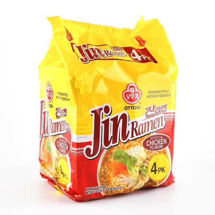Ottogi OTTOGI Jin Ramen Chicken Flavor - Korean Style Instant Noodle, Flavorful Tasting Soup and noodles, Traditional Instant Ramen Noodles 3.88oz x 4 Pack