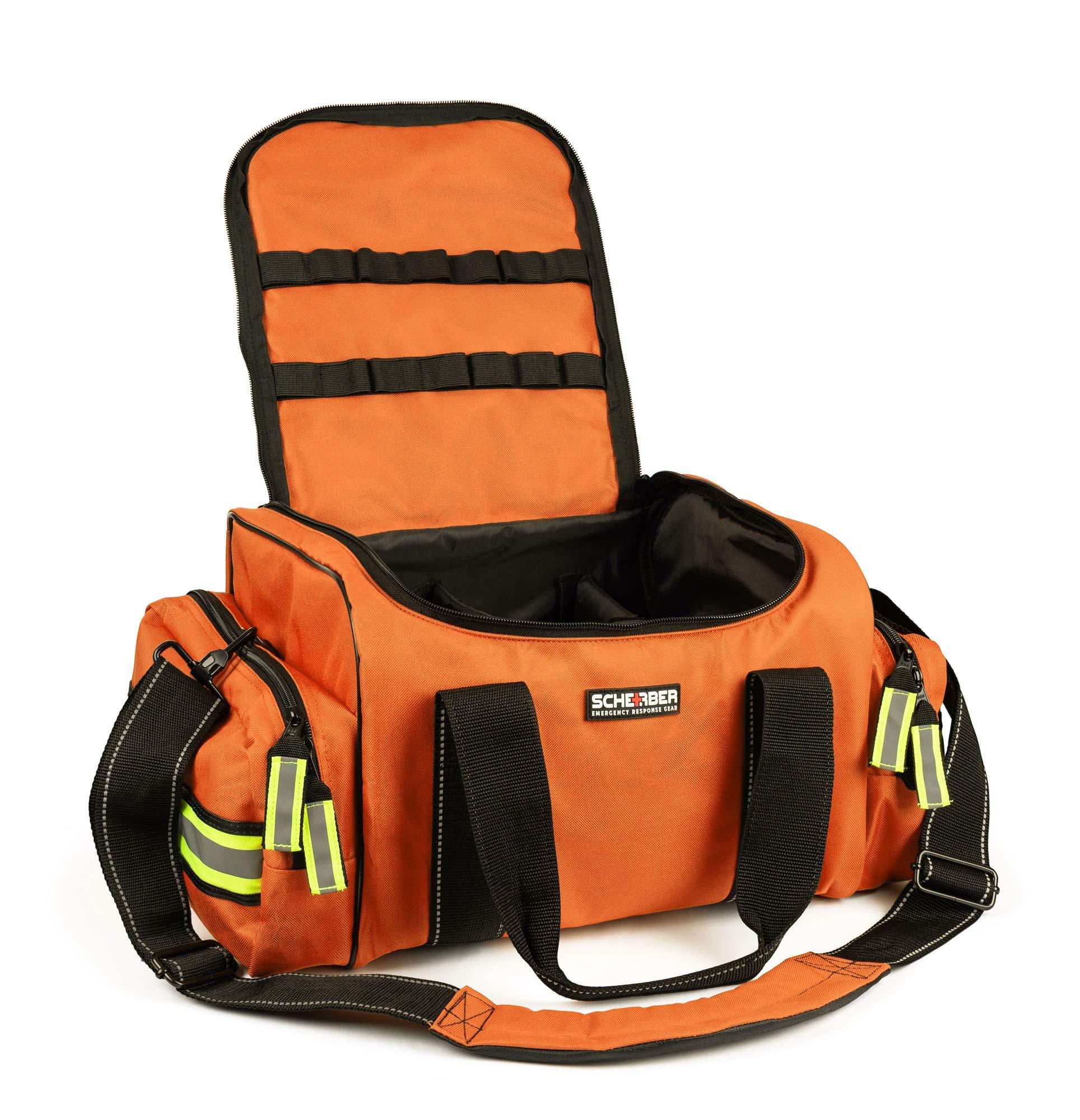 Scherber Scherber Fully-Stocked First Responder Bag | Professional EMT/EMS Trauma & Bleeding Medical Kit | HSA/FSA Approved | CAT Tourniquet, HyFin Chest Seal Israeli Bandage & 250+ First Aid Supplies (Orange)
