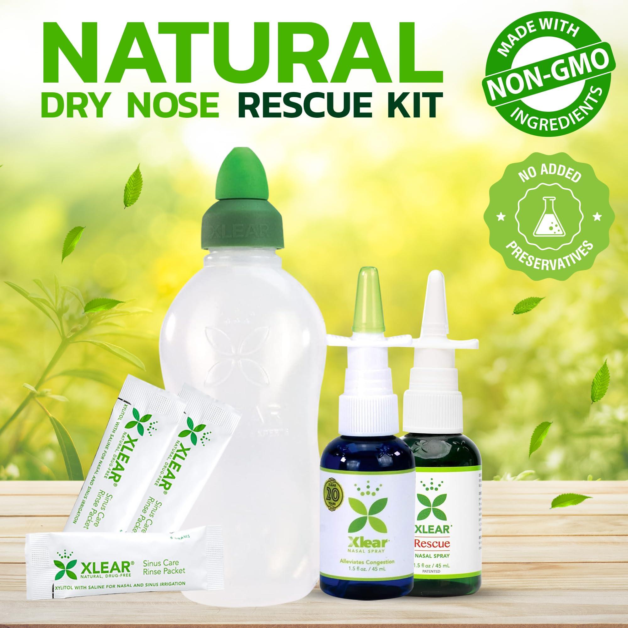 Xlear Xlear Dry Nose Relief Kit, All Day Dry Nose Rescue Kit Including Xlear Nasal Spray with Xylitol, Xlear Rescue Nasal Spray, Xlear Nasal Rinse Neti Pot and 50 Refill Packets