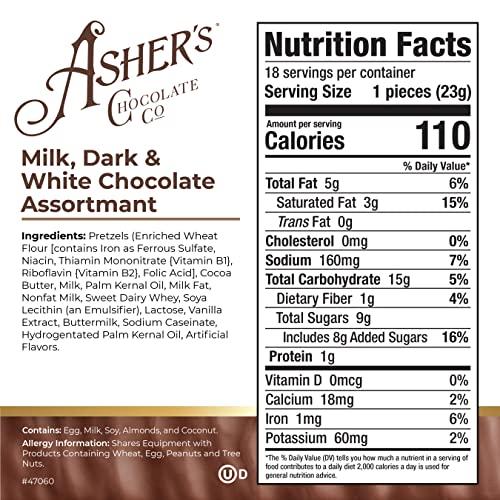 Asher's Chocolates Asher's Chocolates, Chocolate Covered Pretzels Assortment, Gourmet Sweet and Salty Candy, Small Batches of Kosher Chocolate, Family Owned Since 1892 (14.5 oz, Milk, Dark, and White Chocolate)