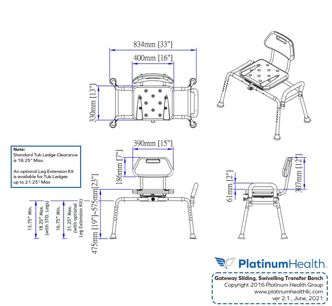 Platinum Health Platinum Health Gateway Premium Sliding Bath Transfer Bench with Swivel Seat-Padded (Blue)