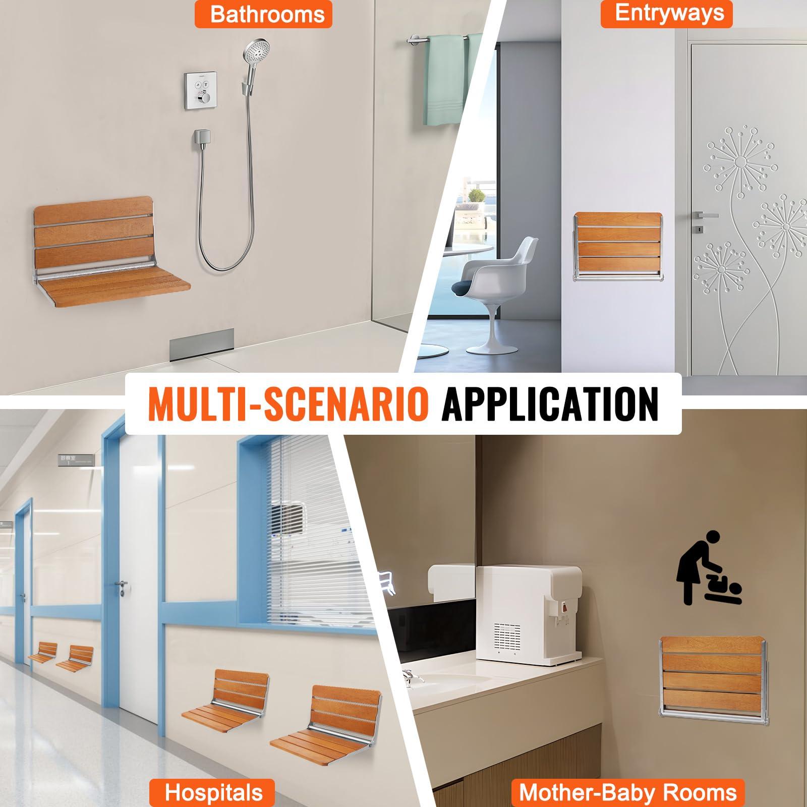 VEVOR VEVOR Folding Teak Shower Seat, 20.9 x 16'' Unfolded, Wall Mounted Fold Up Shower Bench with 500 lbs Load Capacity, Space Saving Home Care Fold Down Shower Chair, for Seniors Pregnant Women Children