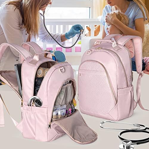 Fasrom Fasrom Nurse Bag Backpack for Work Women with USB Charging Hole, Home Health Clinical Bag with Laptop Compartment for Nursing Staff, Medical Assistants, Pink (Empty Bag Only)