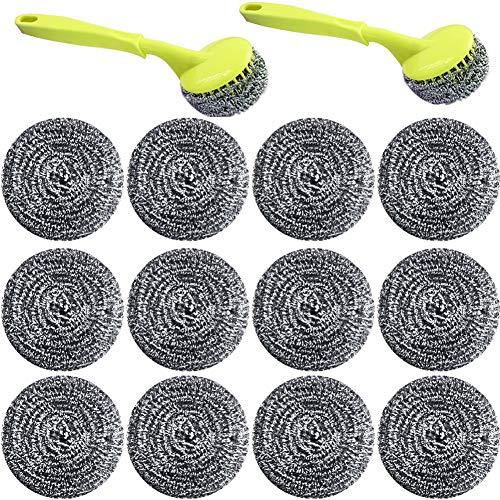 NRDBEEEC 18 PCS Stainless Steel Sponges Scrubbers Cleaning Ball Utensil Scrubber Metal Scrubber Scouring Pads Ball for Pot Pan Dish Wash Cleaning for Removing Rust Dirty Cookware Cleaner with Handle (18 Pack)