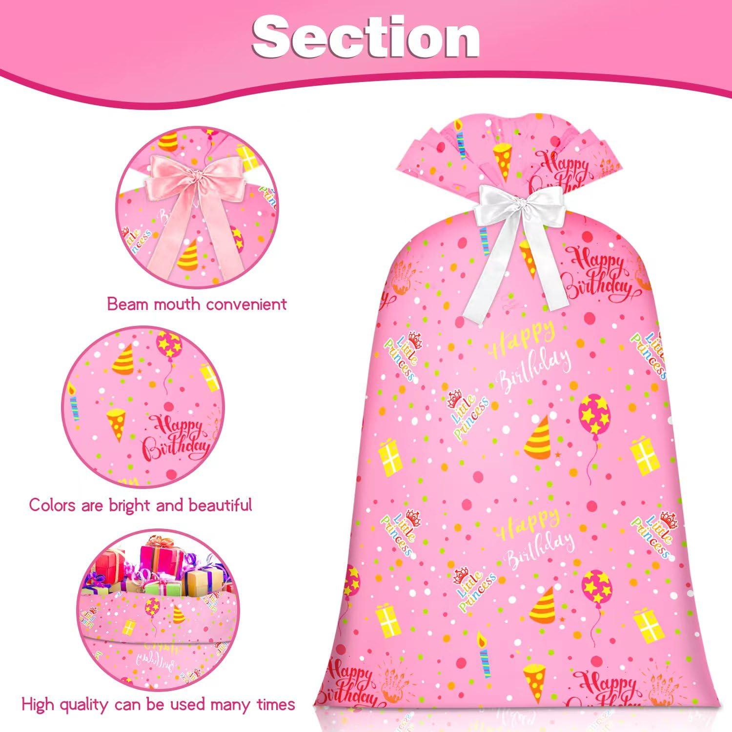 BWLOIES Jumbo Gift Bag Birthday Gift Bag for Girls Kids,Big Gift Bags for Huge Gift Bags Giant Gift Bags with Happy Birthday Cake Balloon Pink Design,Extra Large Gift Bag Oversized Gift Bags Bithday Gift Wrap Bag for Present Bag,Wrapping Bags for large Gifts