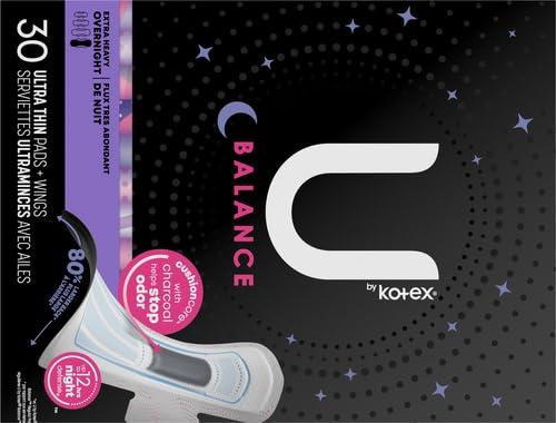 U by Kotex U by Kotex Balance Ultra Thin Overnight Pads with Wings, Extra Heavy Absorbency, 30 Count (Pack of 2)