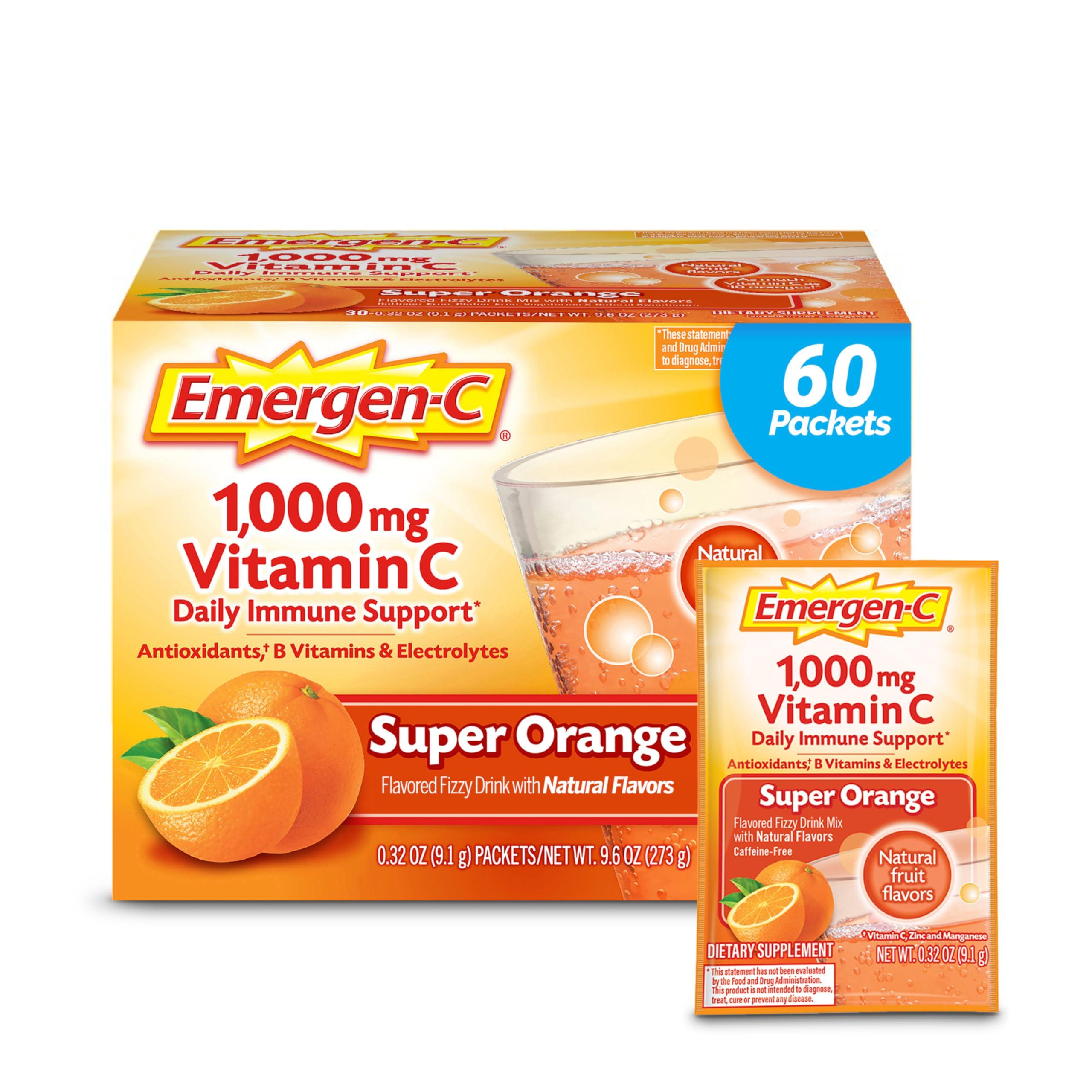 Emergen-C Emergen-C 1000mg Vitamin C Powder for Daily Immune Support Caffeine Free Vitamin C Supplements with Zinc and Manganese, B Vitamins and Electrolytes, Super Orange Flavor - 60 Count/2 Month Supply