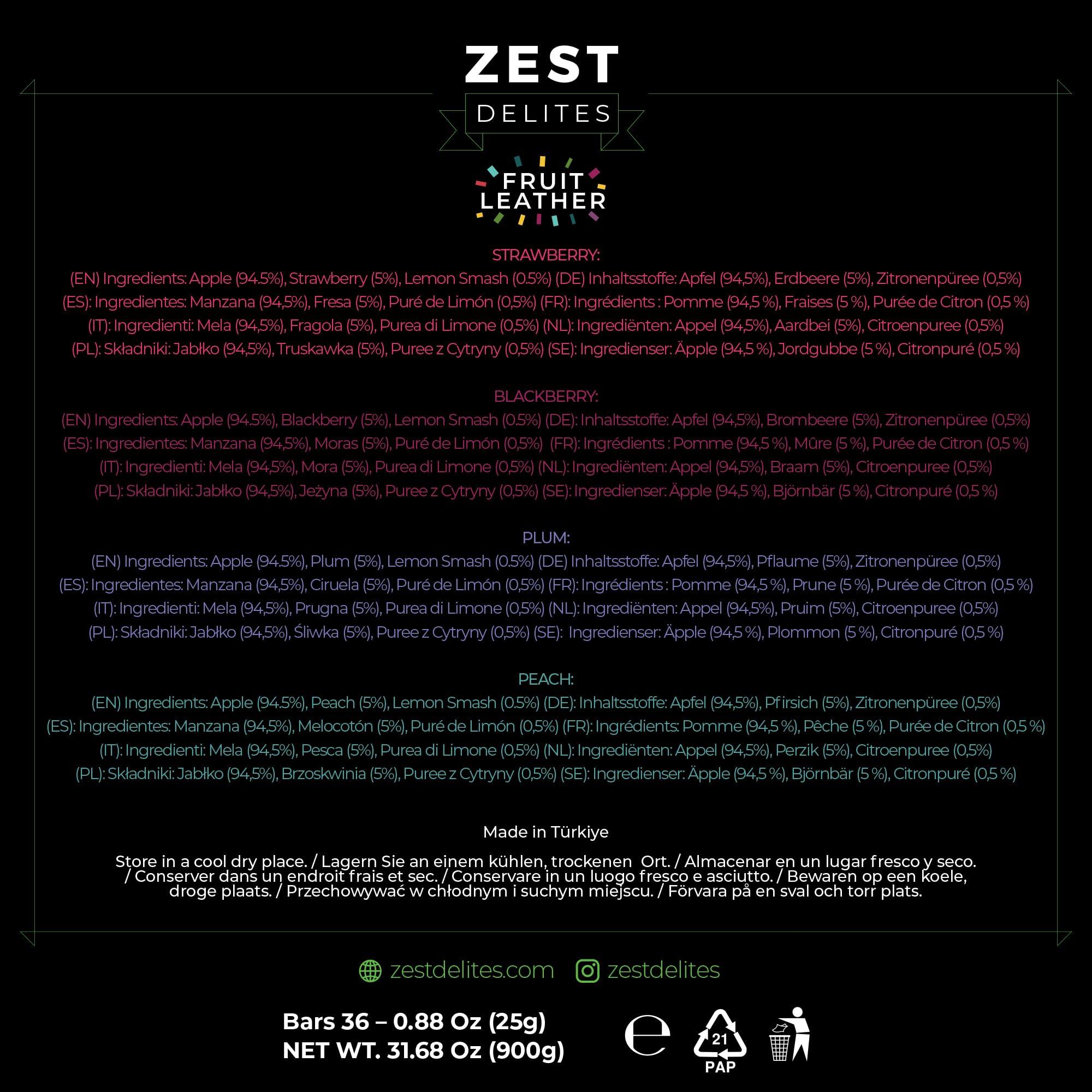 ZEST Delites Fruit Snacks by Zest Delites, Fruit Leather, Healthy Snacks for Adults, Dried Fruit Snack Bulk, Fruit Bars, Vegan Fruit Strips, Apple-Based, Strawberry, Peach, Blackberry, Plum, 0.88 oz x 36