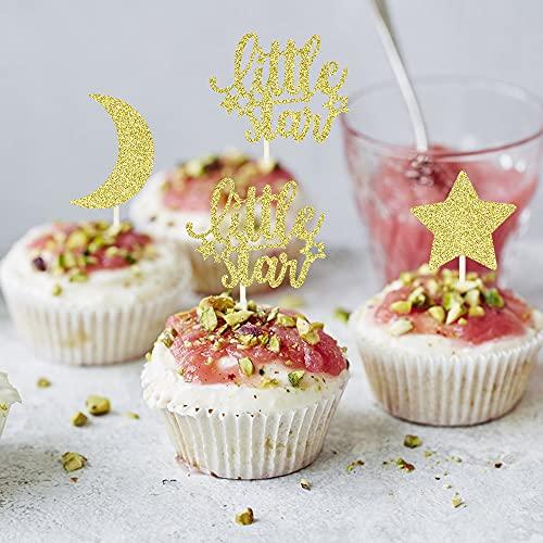 ZHUOWEISM 24 PCS Little Star Cupcake Toppers with Moon Gold Glitter Star Cupcake Picks Baby Shower Kids Birthday Party Cake Decorations Supplies