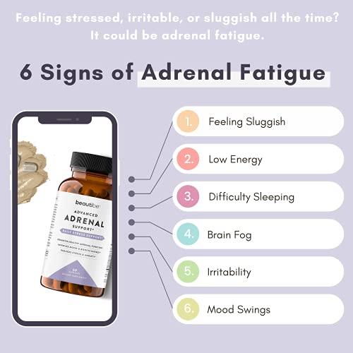 BeautiBe Adrenal Support for Women & Men Cortisol Manager Natural Stress Relief Supplement - Adrenal Fatigue, Mood Health, and Energy Supplements with Ashwagandha & L-Tyrosine 60 Non-GMO Veggie Capsules