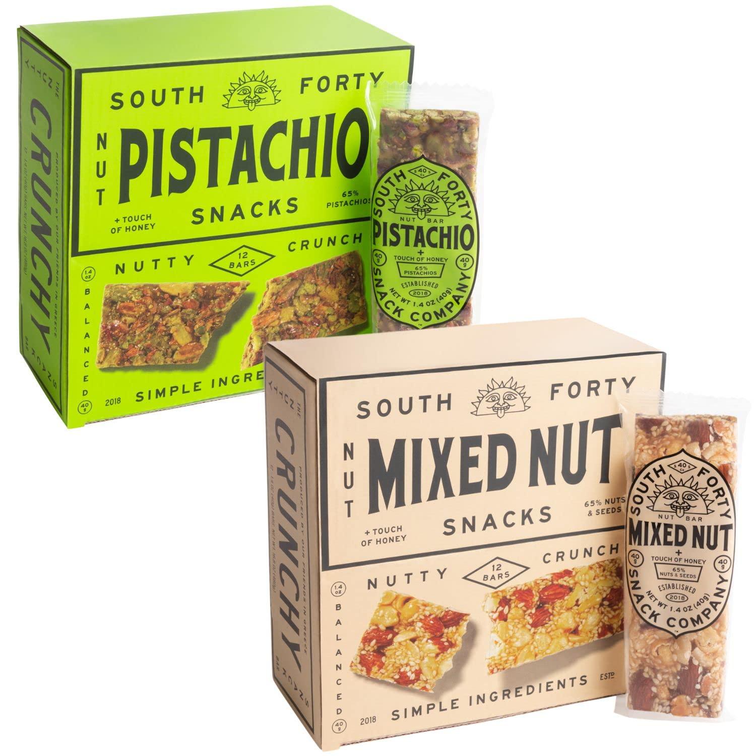 SOUTH FORTY SNACKS South 40 Snacks Pistachio and Mixed Nut Bar, Extra Crunchy Nut Snack Bar, Simple Ingredients, Honey and Sugar, Unique Delicious Healthy Nut Clusters, Individually Wrapped (40g Bar, Pack of 12)