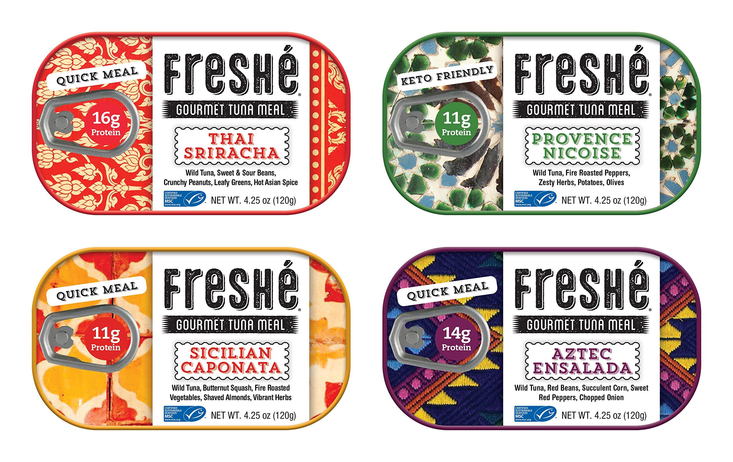 Freshé Fresh Gourmet Canned Tuna Variety Pack (4 Pack) Healthy High-Protein Skipjack Fish & Ready-to-Eat Meal  All-Natural, Non-GMO, Wild-Caught Tuna  Gluten Free Diet Friendly